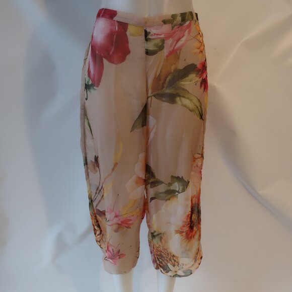 Samantha Chang Pants - Womens Samantha Chang Natural Fuchsia Green Floral Sheer Flat Front Pants S